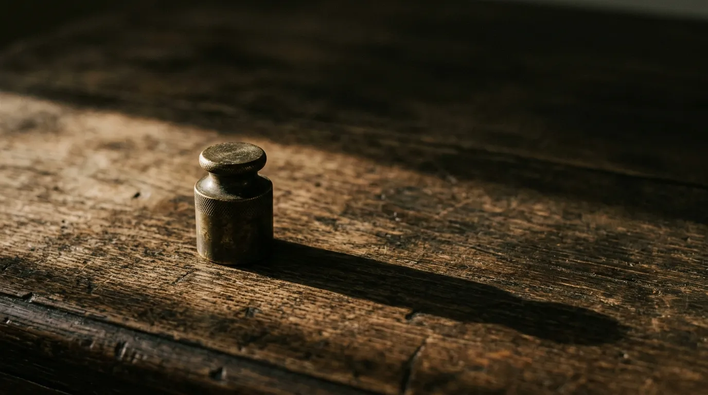 A single small brass weight sitting alone on a wide empty wooden desk