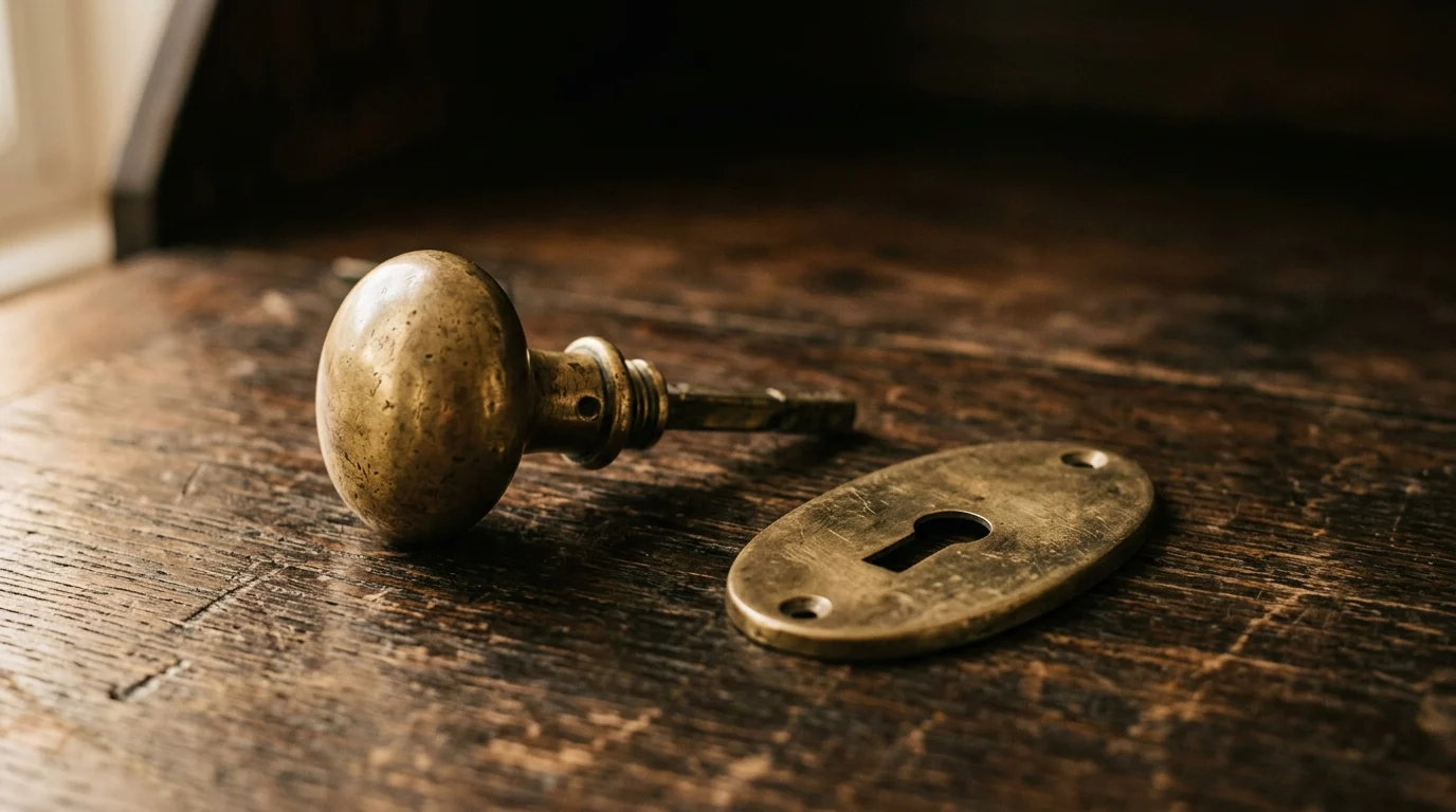 A brass door knob and its loose escutcheon plate lying apart
