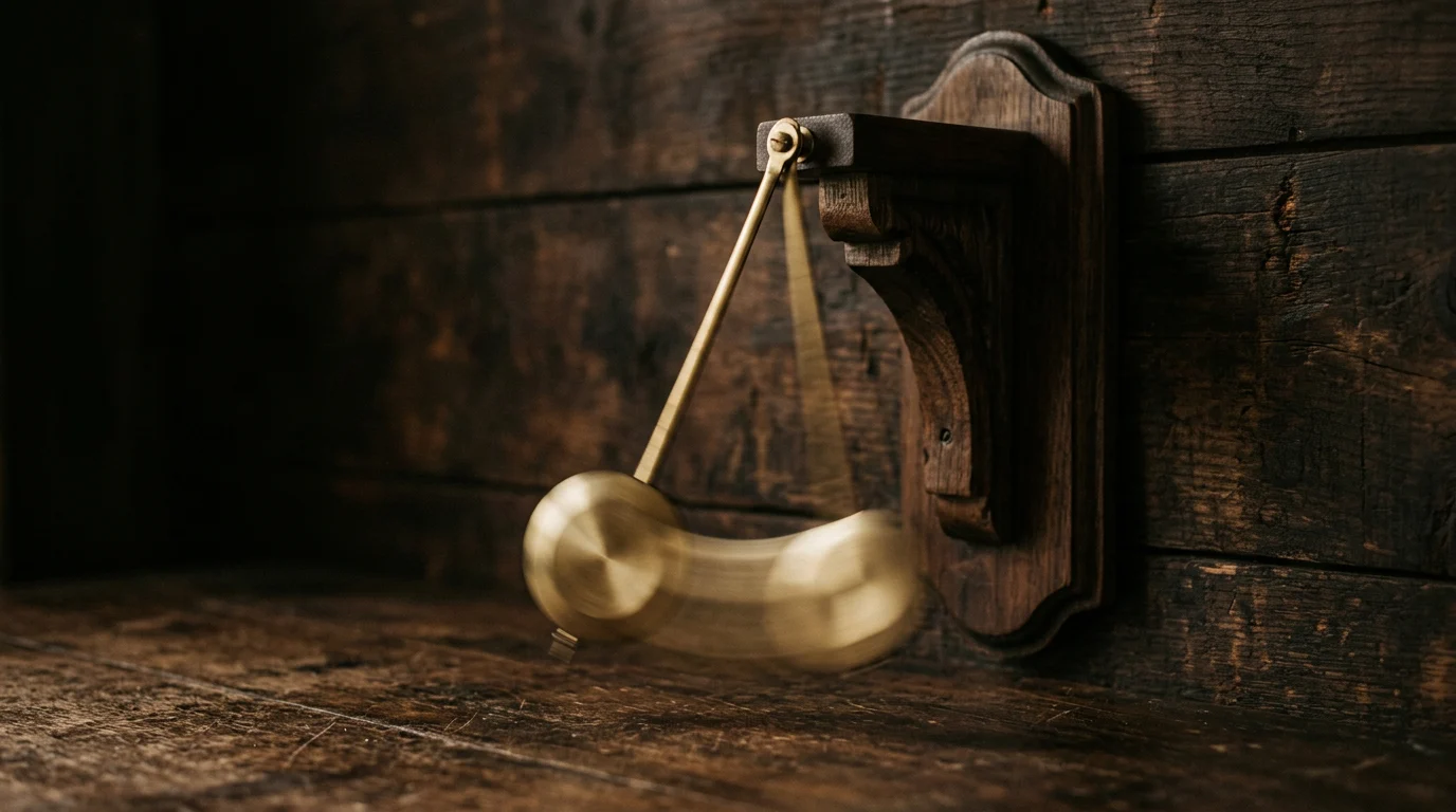 A brass pendulum swinging from a wooden bracket, blurred at the base of its arc