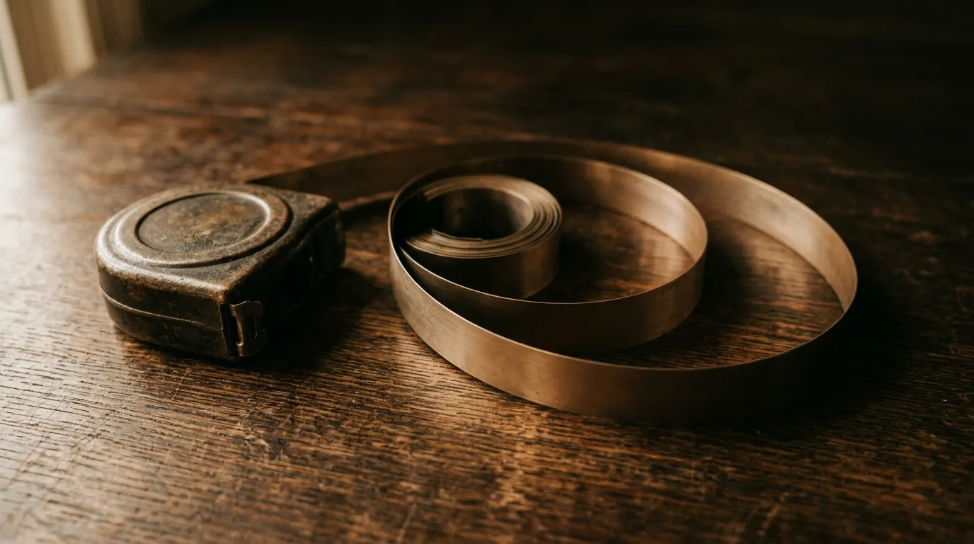 A steel tape measure lying partly uncoiled in a loose spiral