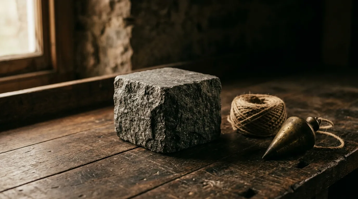 A squared granite boundary marker on a workbench beside mason's line and a brass plumb bob