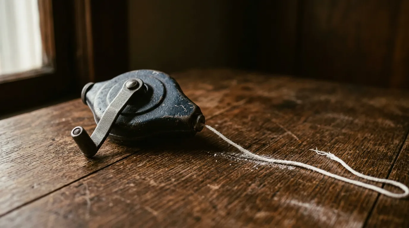 A chalk line reel with its cord partly drawn out