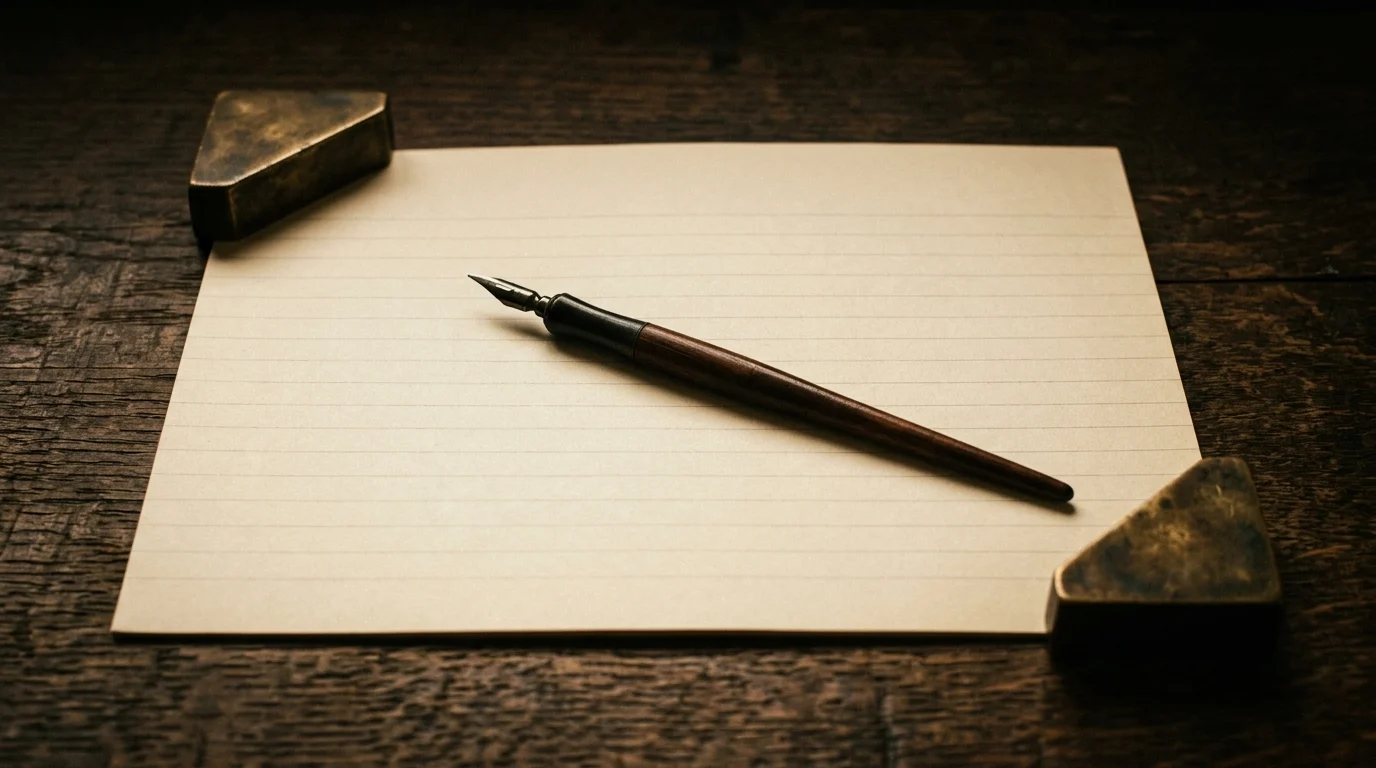 A blank ruled form held flat by brass corner weights with a steel nib pen across it