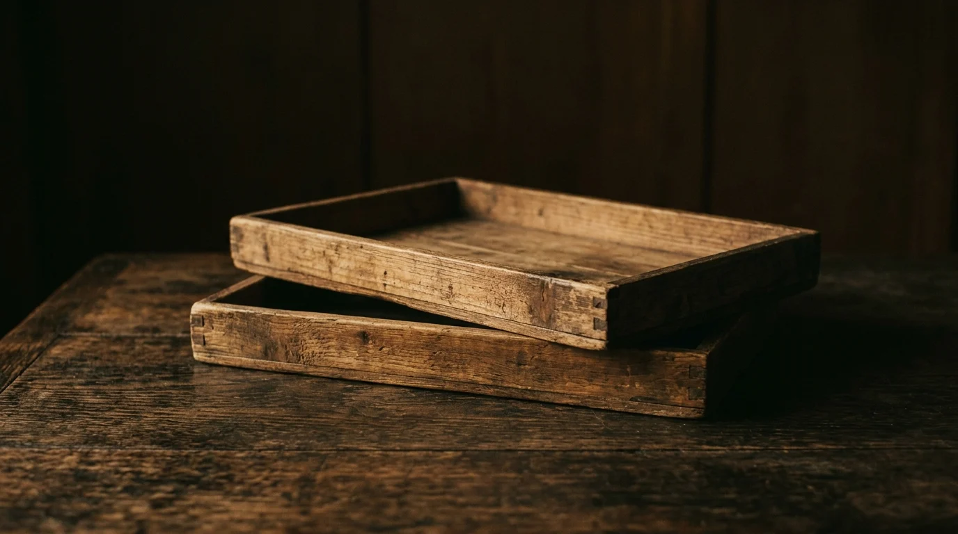 Two shallow wooden trays stacked offset on a desk, both empty
