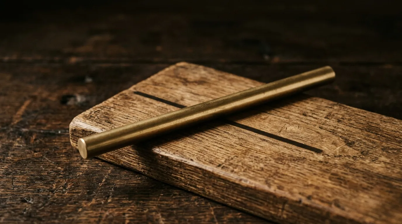 A brass gauge resting across a wooden board casting a single hard shadow line