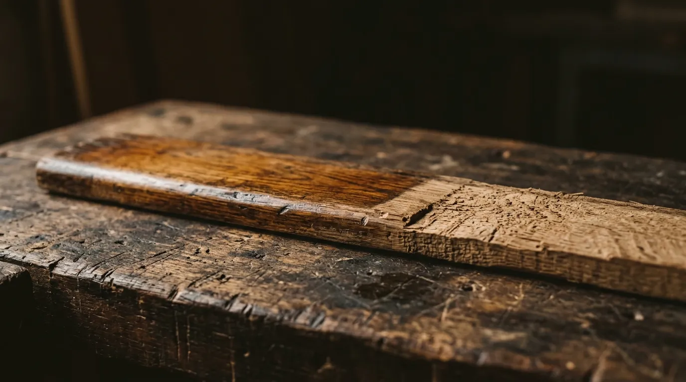 A wooden threshold strip, one side polished smooth and one side raw