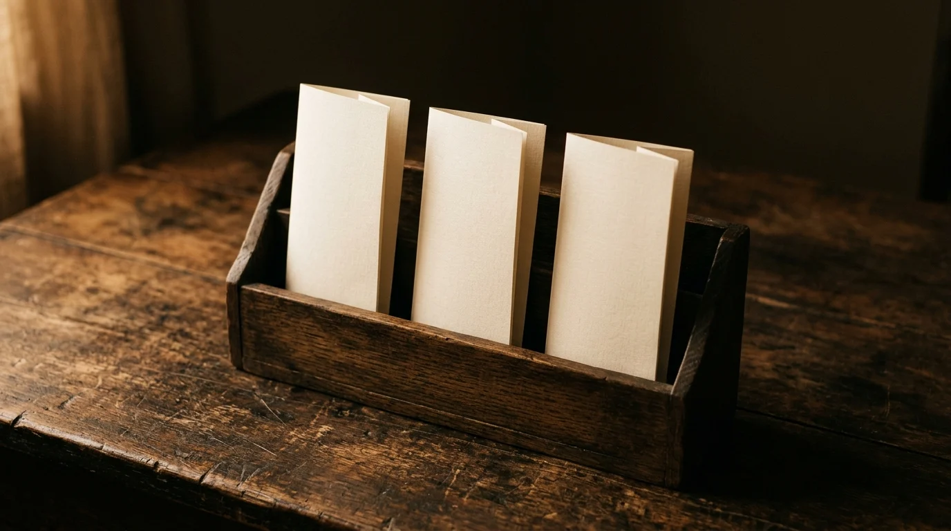 Three folded blank documents standing upright in a wooden letter rack