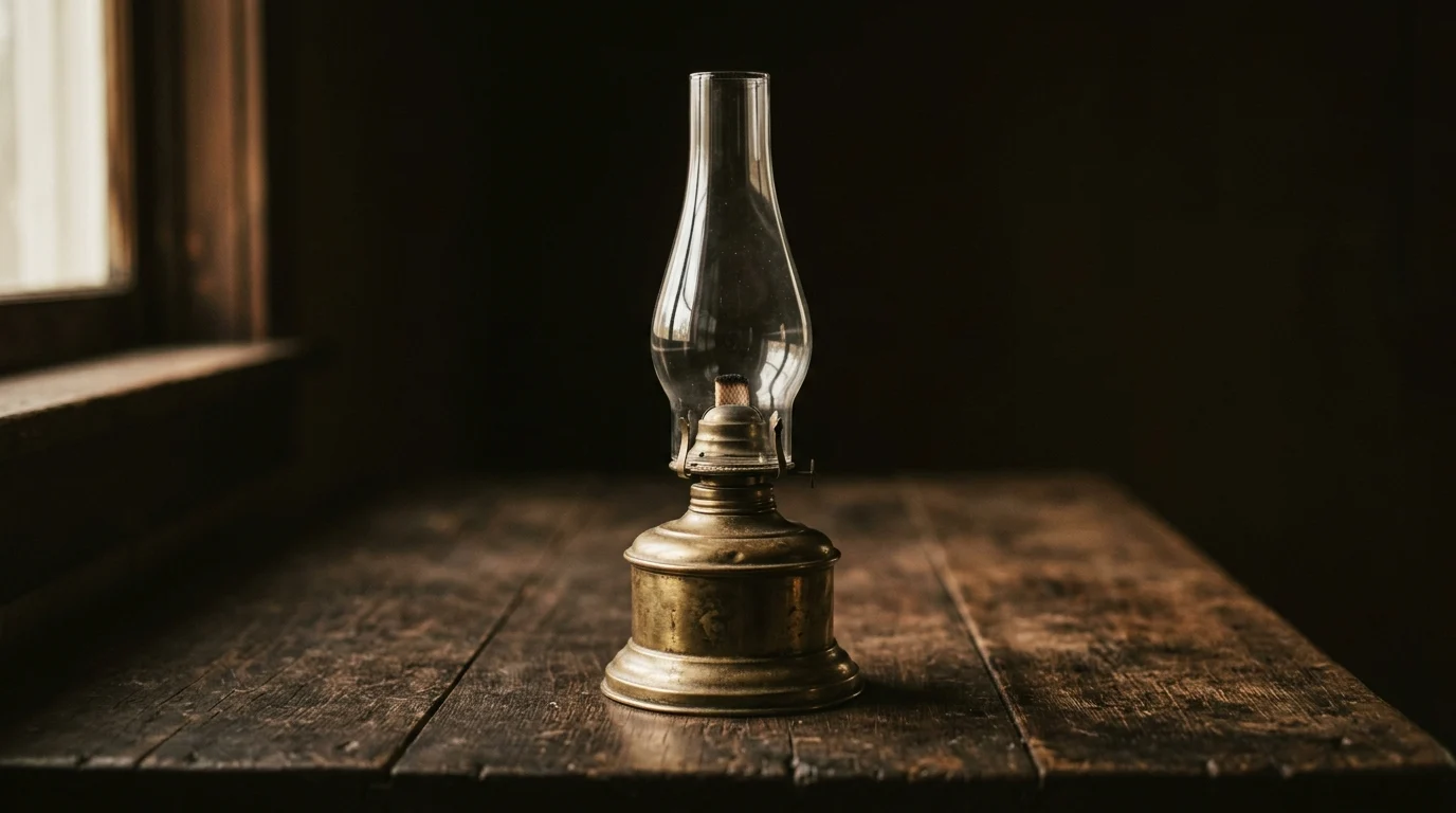 An unlit brass oil lamp with a clean glass chimney