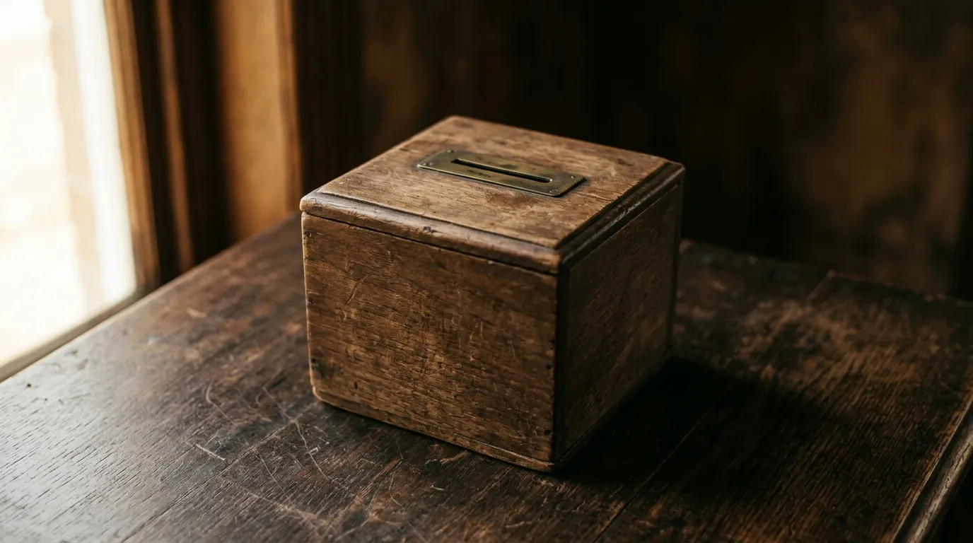 A wooden box with a brass slot in its lid sitting alone on a dark desk