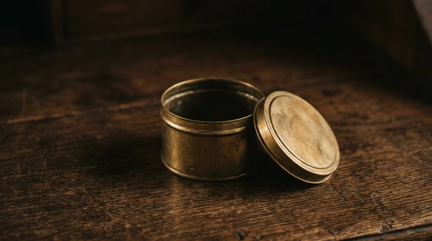 A small brass tin standing open and completely empty