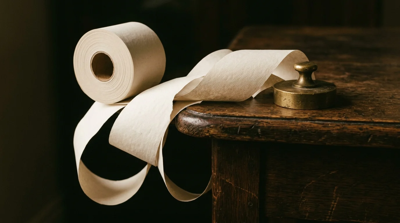 A blank adding-machine tape curling off a desk edge held by a brass weight