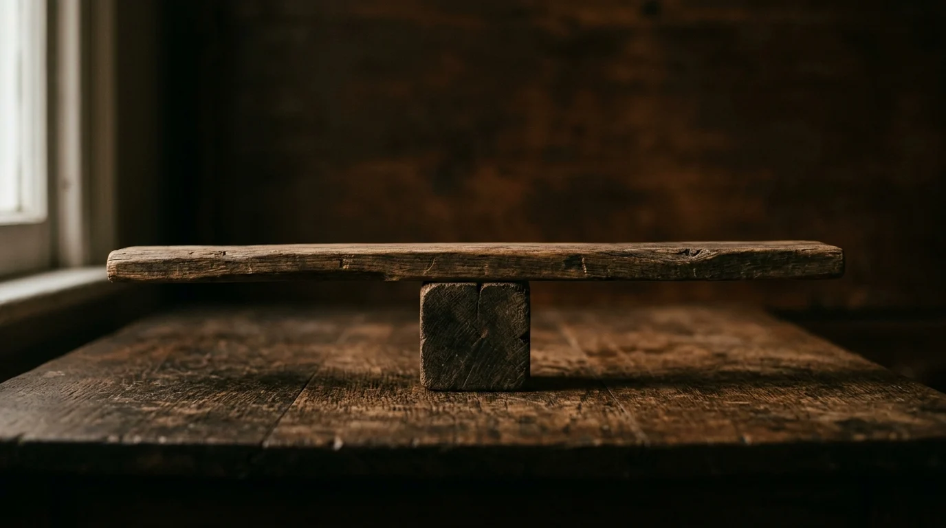 A wooden balance beam resting level across a fulcrum block