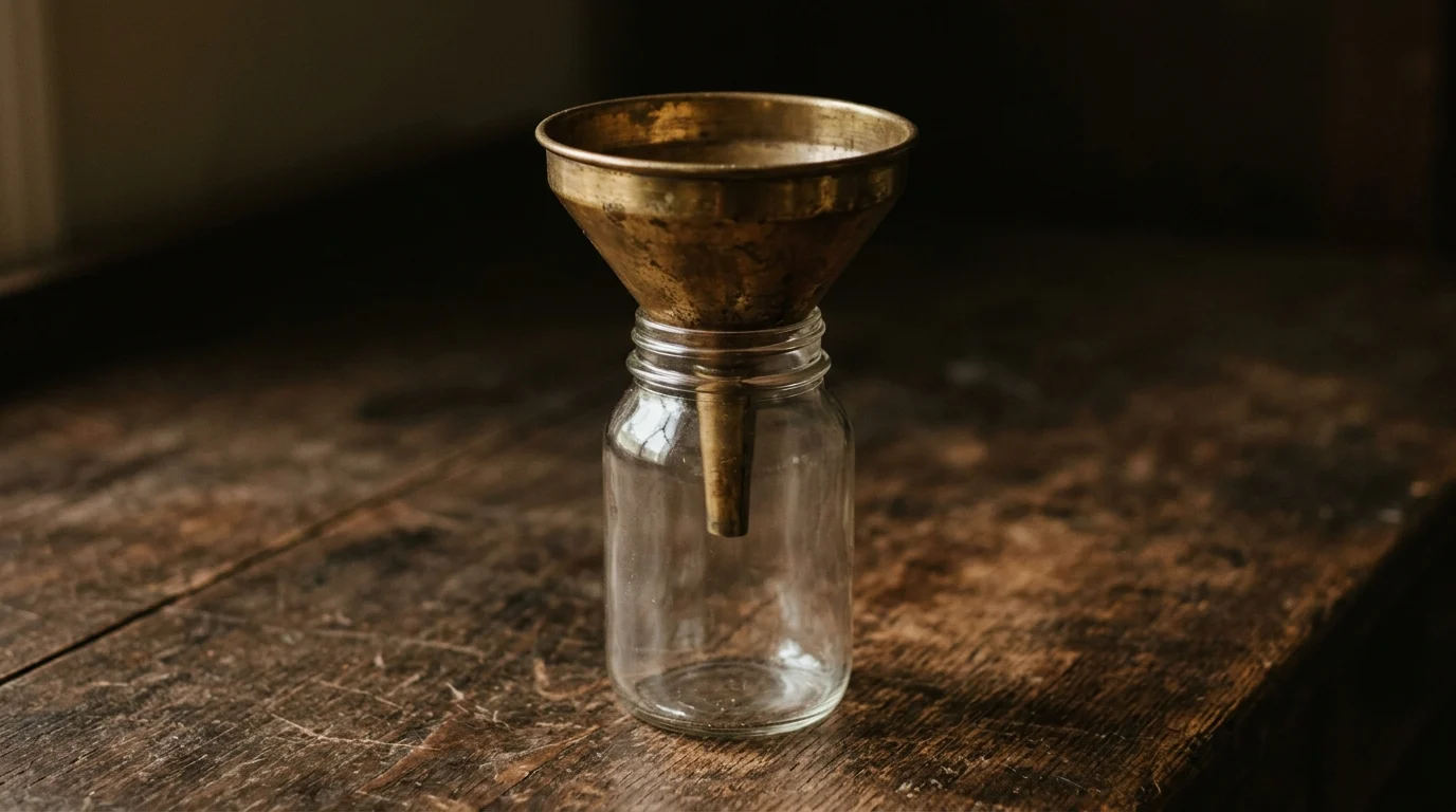 A brass funnel standing in the neck of an empty glass jar