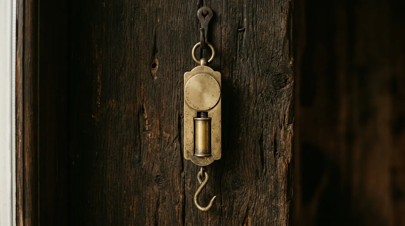 A brass spring balance hanging from a hook with nothing attached to it