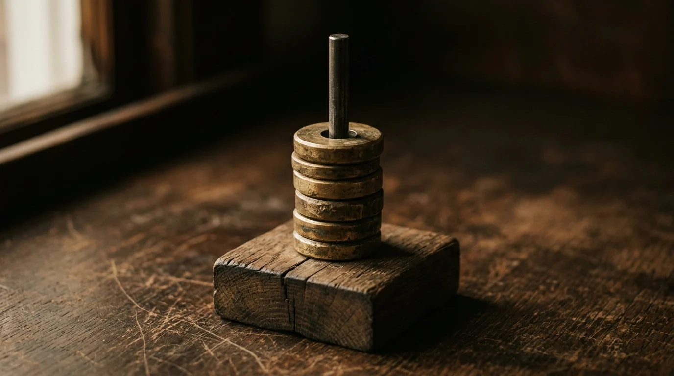 Five brass washers threaded onto an upright steel rod in a wooden base