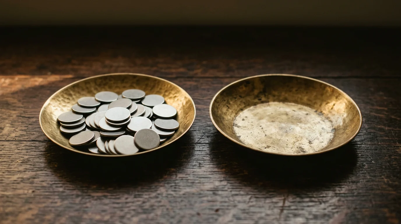 Two brass dishes side by side, one holding plain metal discs and the other empty