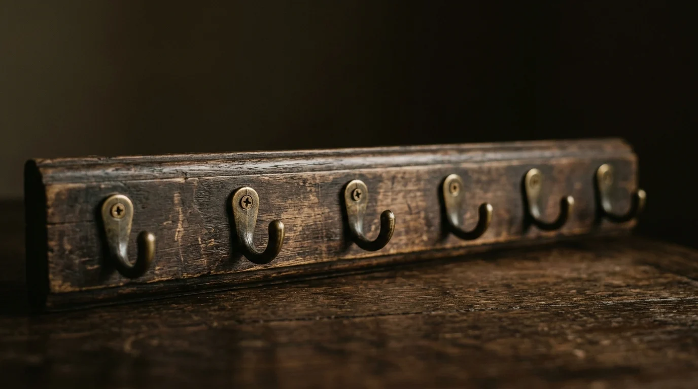 Six small brass hooks screwed into a dark wooden rail, all empty