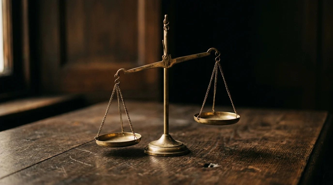 A small brass balance with two empty pans tipped slightly to one side
