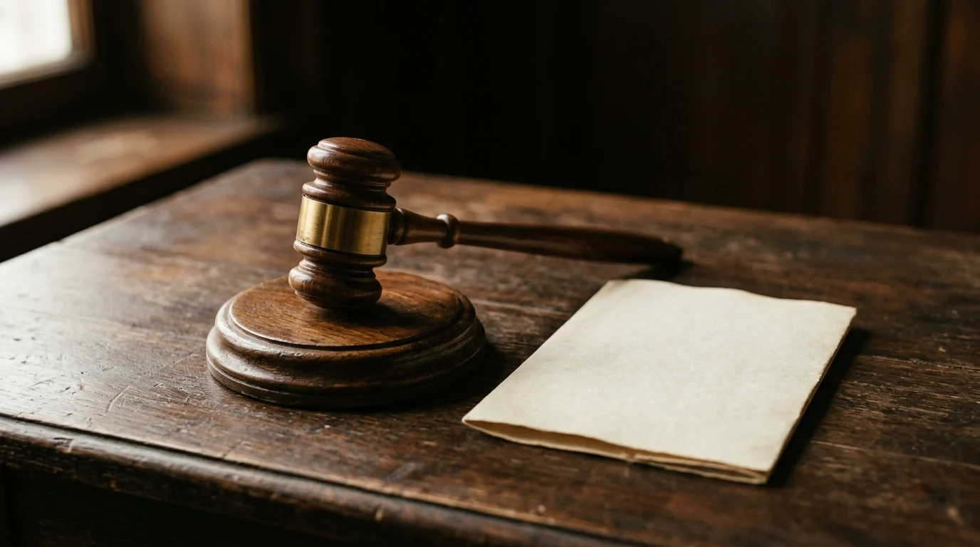 A wooden gavel resting on its sound block beside a folded blank paper