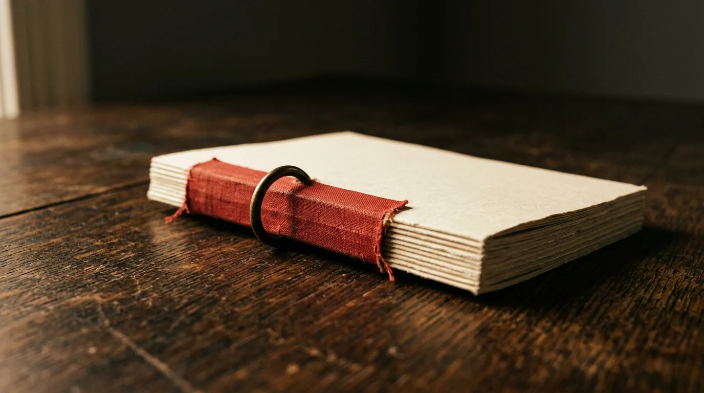 A bundle of blank sheets bound with red cloth tape and a brass ring