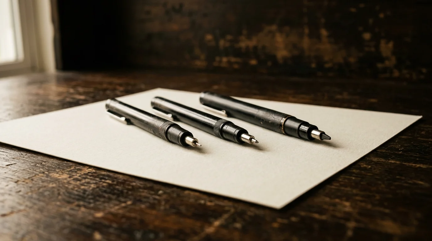 Three drawing pens of different nib widths lying parallel on blank drafting paper