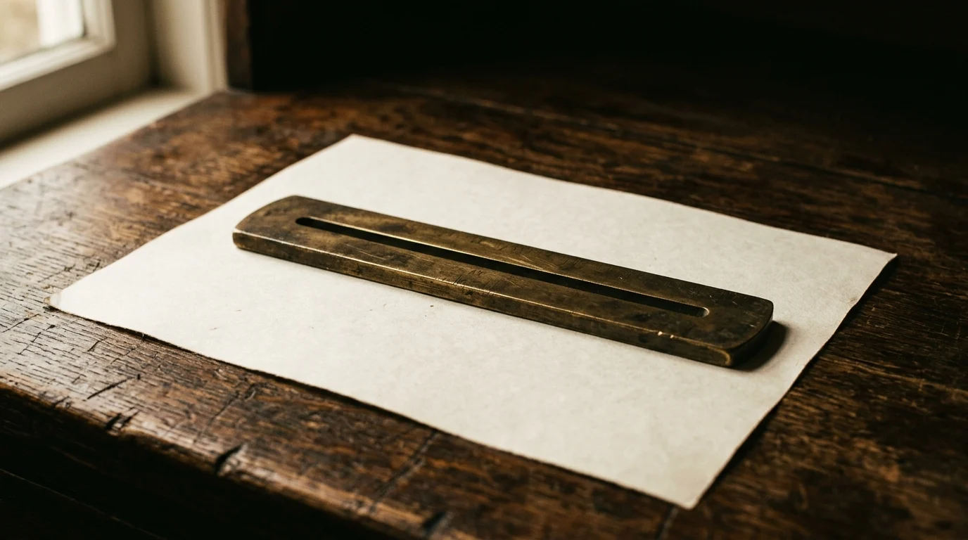 A brass reading rule with a single central slot lying on a blank sheet