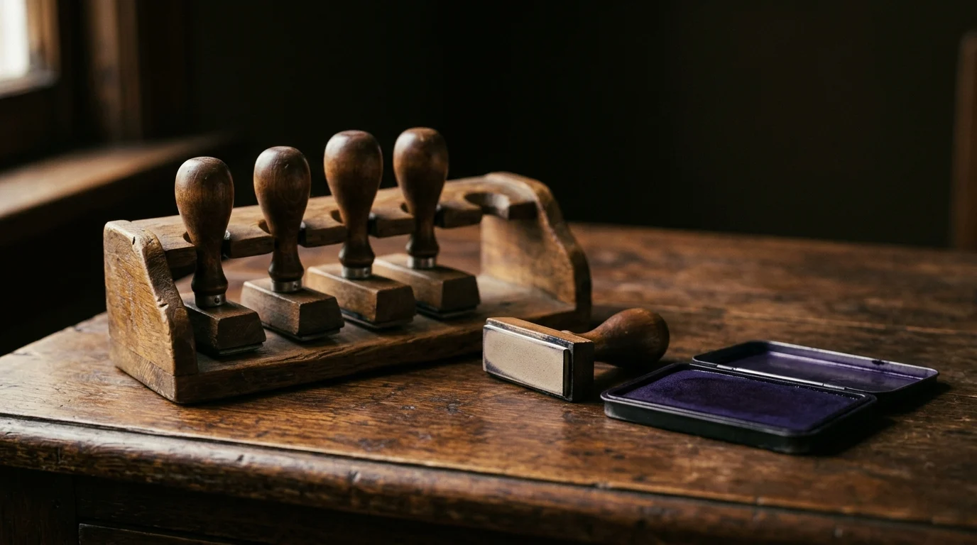 A wooden rack of vintage wooden-handled rubber stamps beside an open violet ink pad