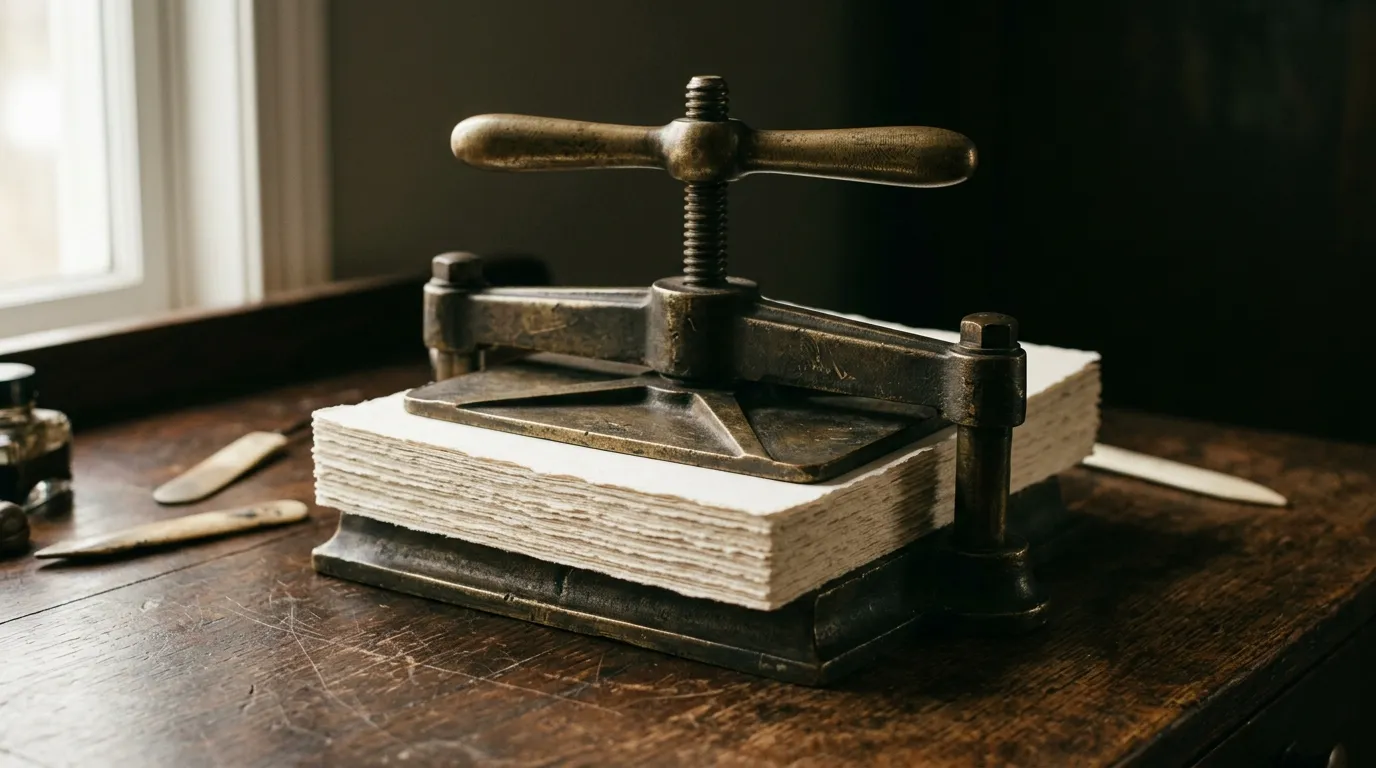 A brass book press clamped shut on a stack of blank sheets