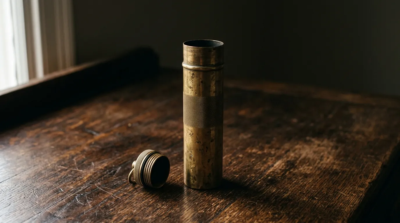 An empty brass document tube standing upright with its cap removed