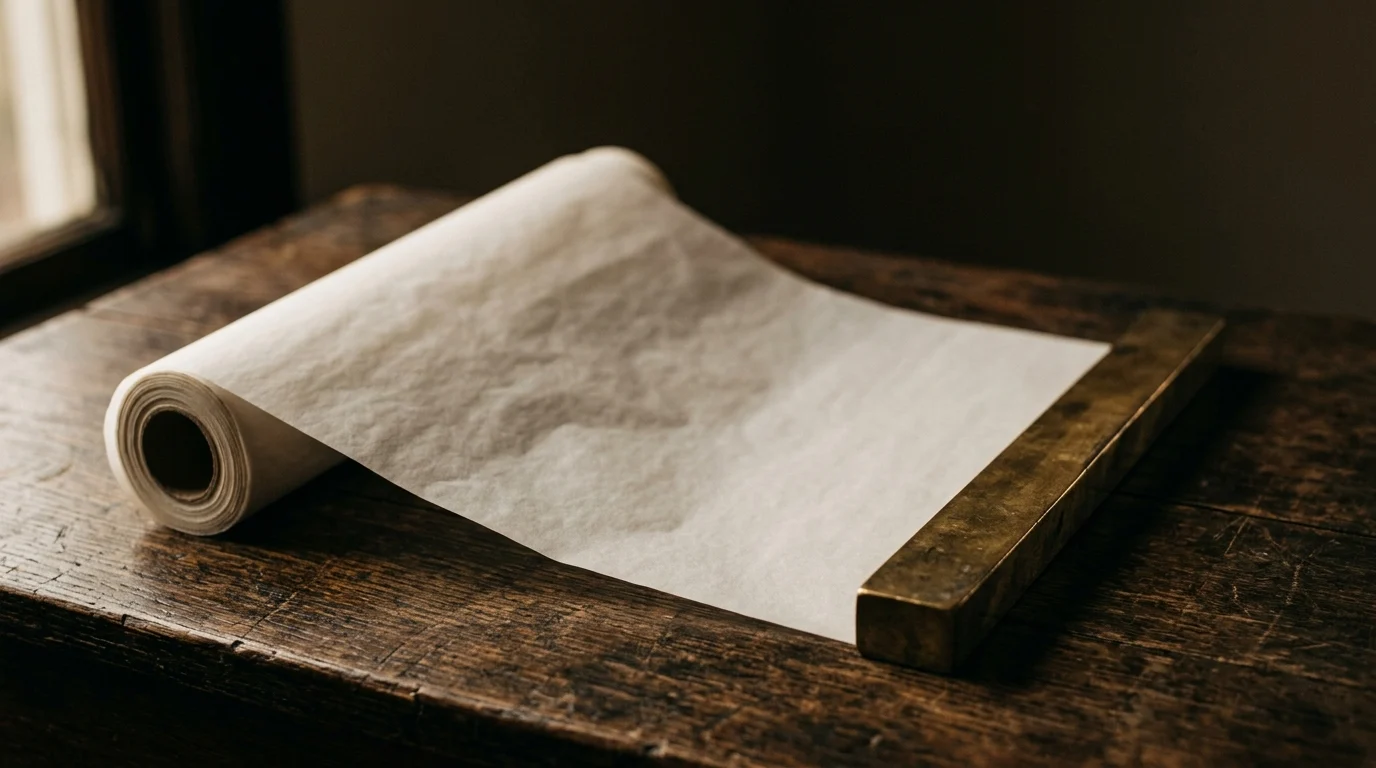 A rolled sheet of blank tracing paper partly unfurled and weighted by a brass bar
