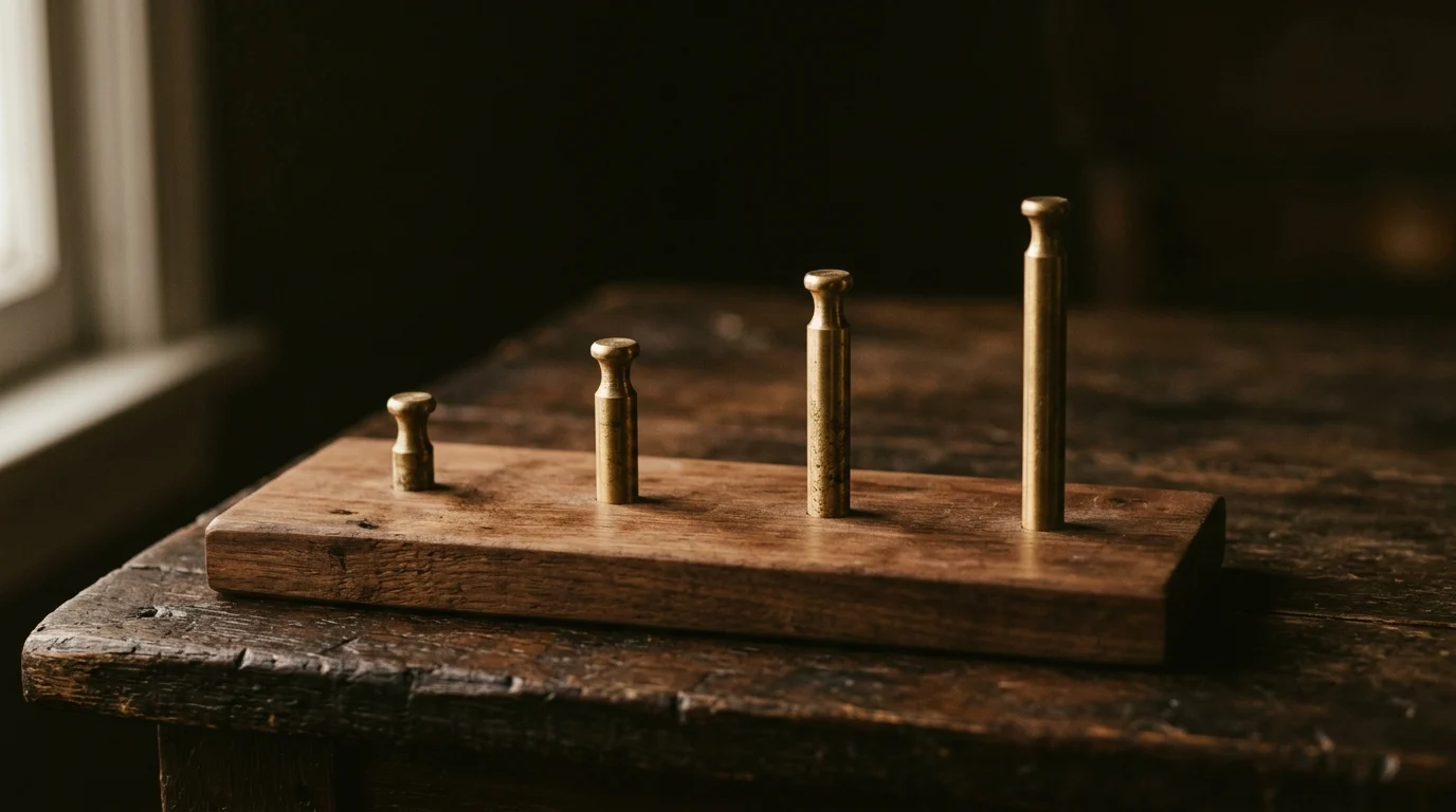 A wooden peg board with brass pegs set at four rising heights