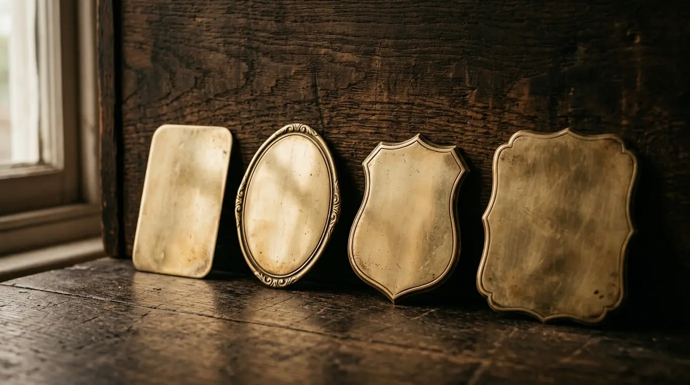 Four blank brass plaques of different shapes propped in a row