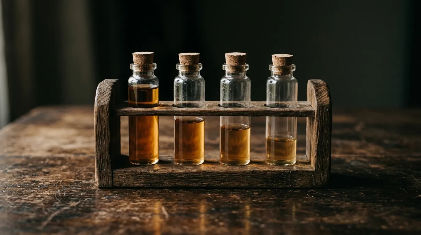 Four small glass vials of graduated fill standing in a wooden rack