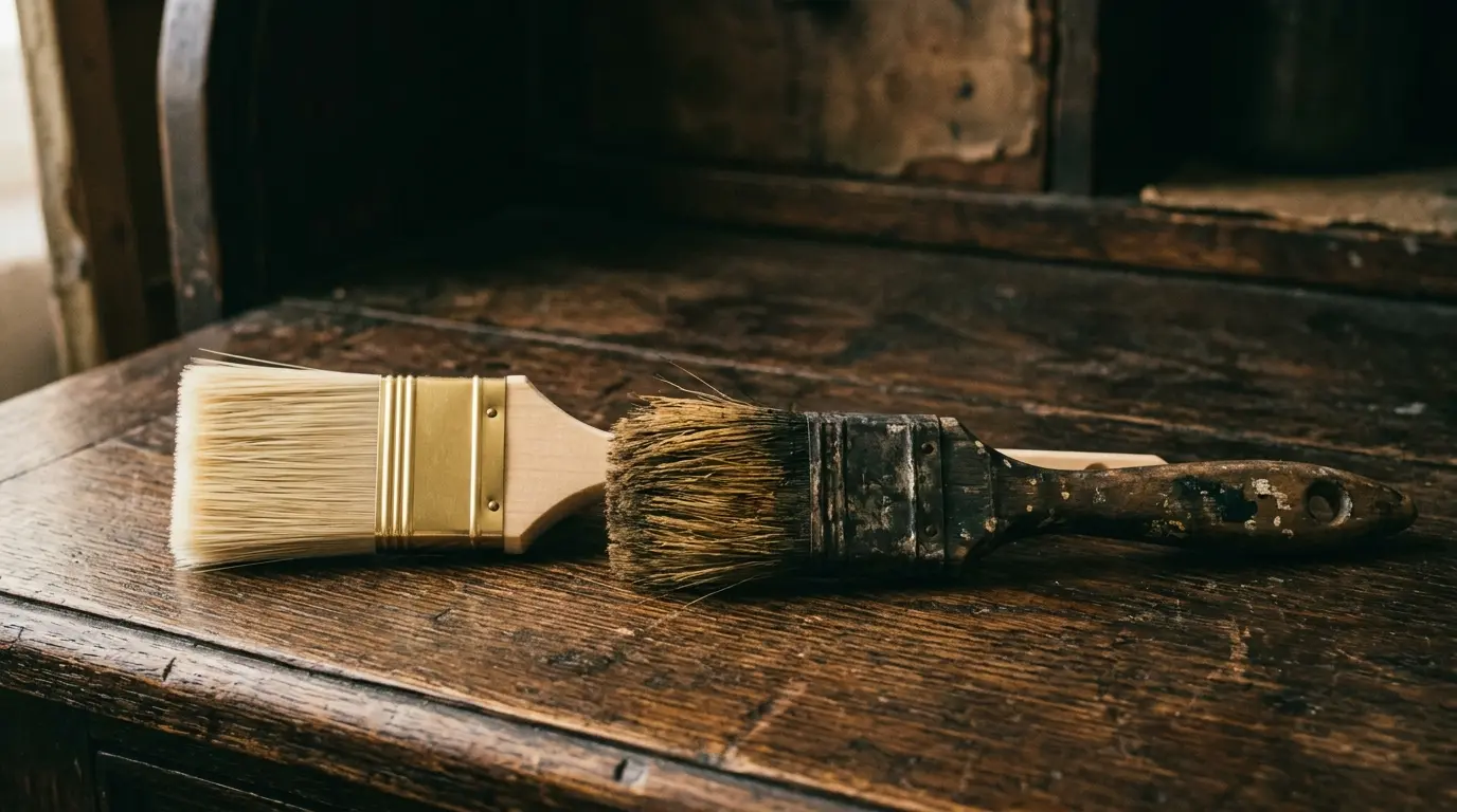 A new paintbrush with pale bristles lying beside a well-used brush with darkened bristles