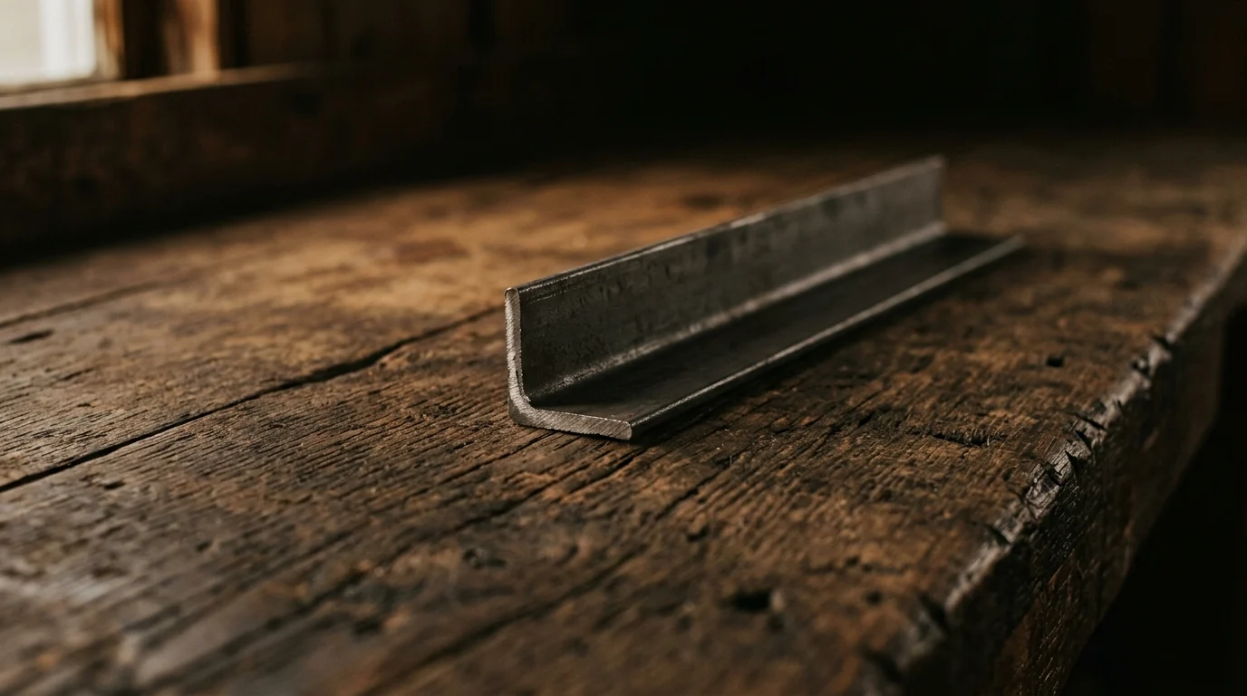 A length of steel angle iron lying dead straight across dark wood