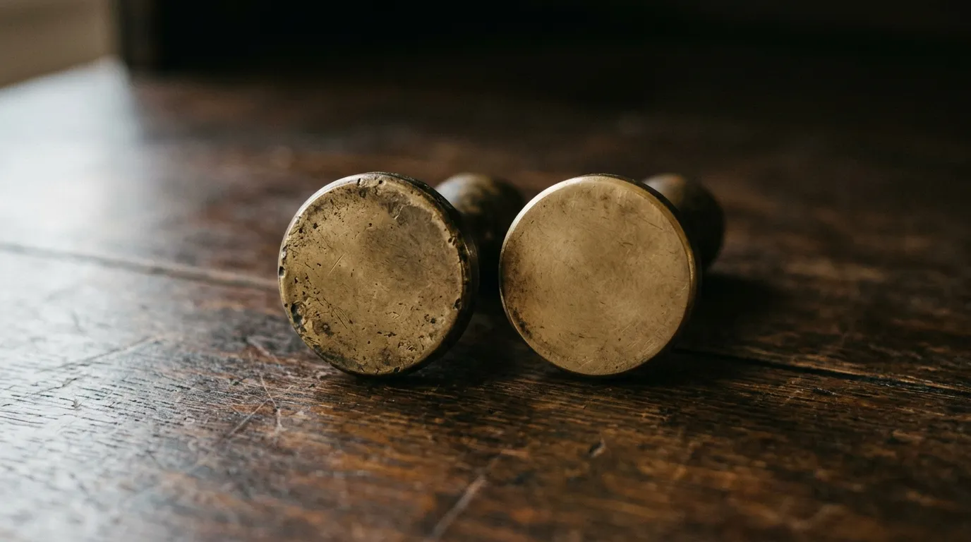 Two brass seal matrices lying face up with faces worn completely smooth