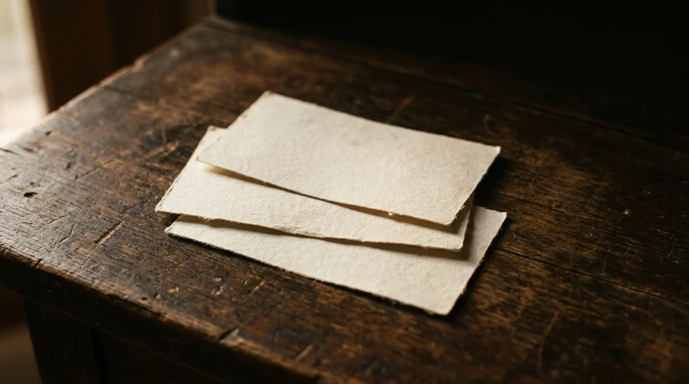 Three blank paper labels lying overlapped in a loose stack