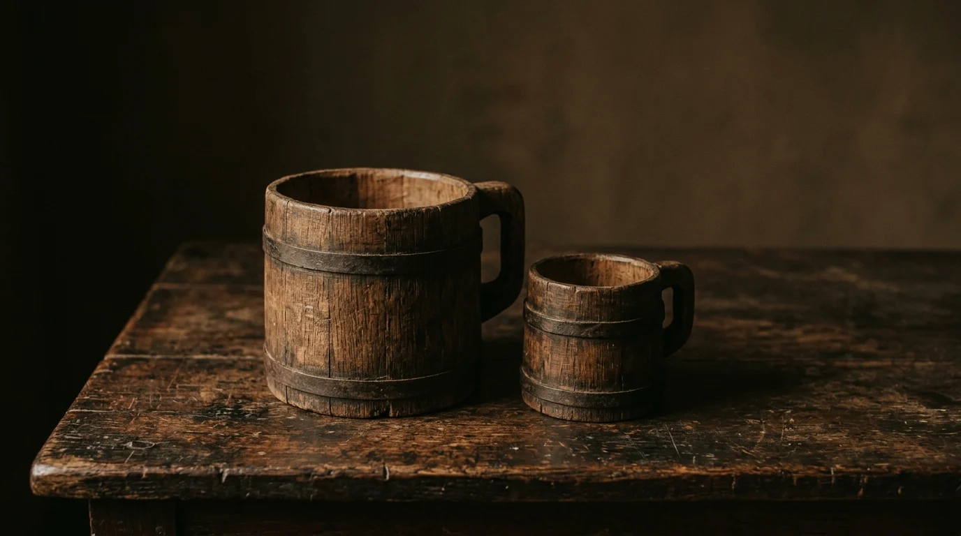 A wooden grain measure vessel standing beside a smaller one, both empty