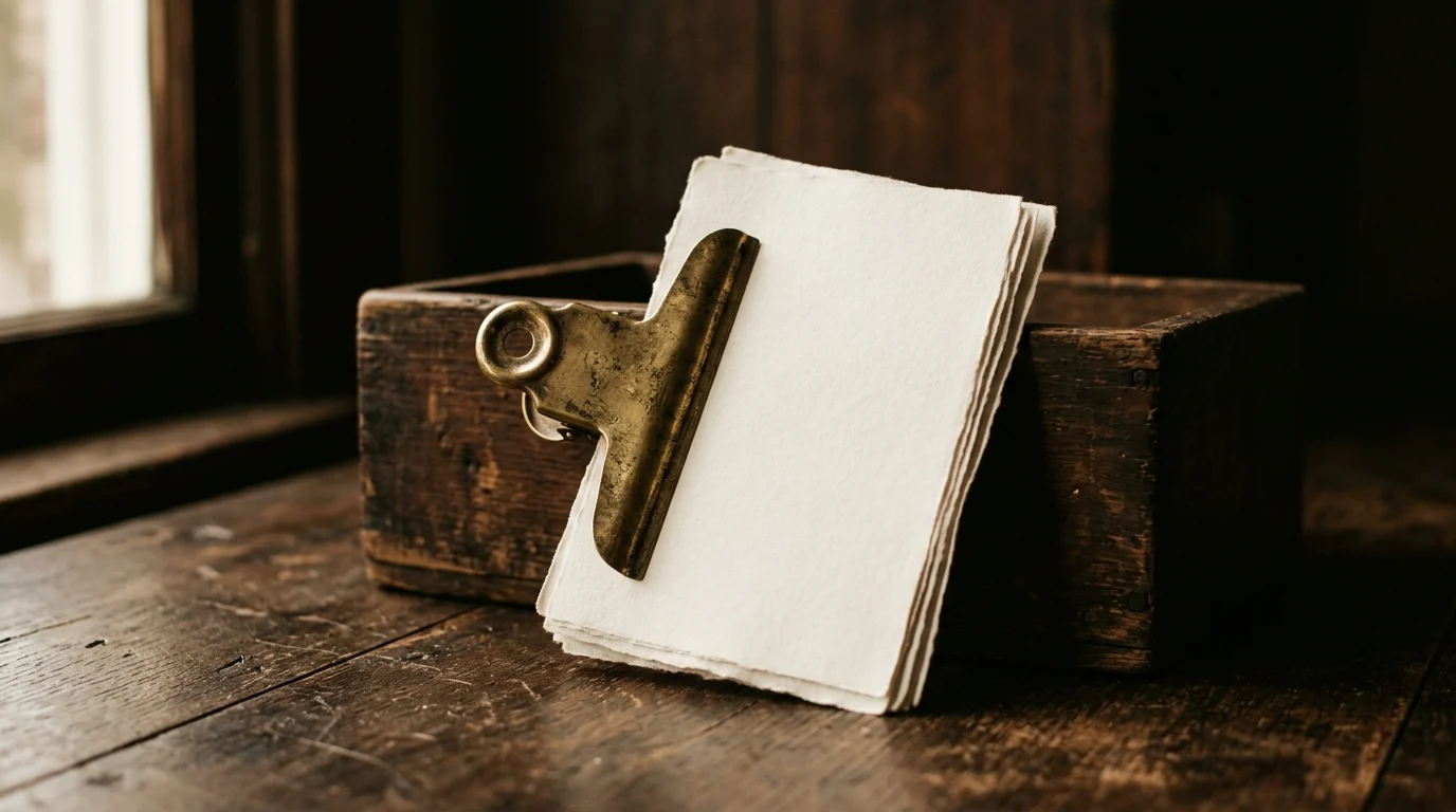 A brass letter-clip holding a sheaf of blank sheets propped against a wooden box