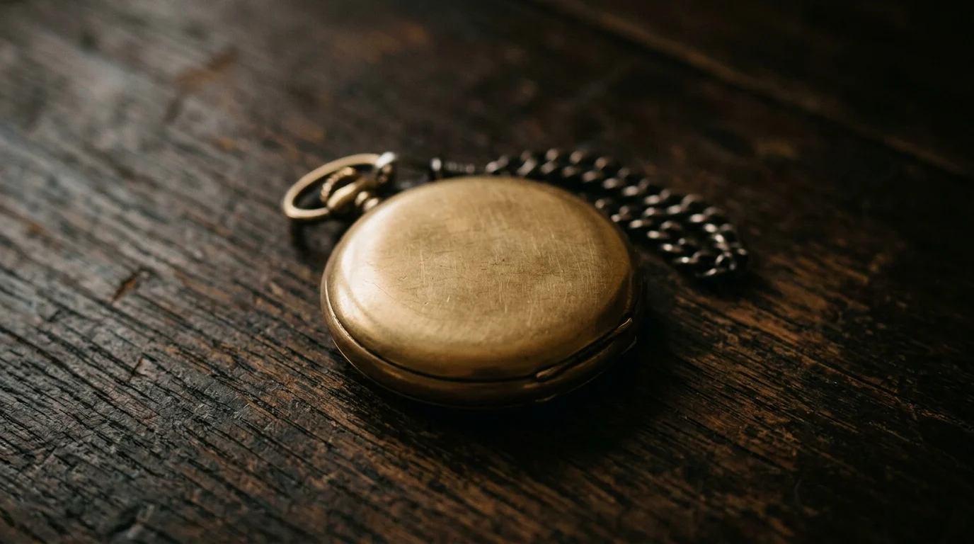 A brass pocket watch lying face down on dark wood