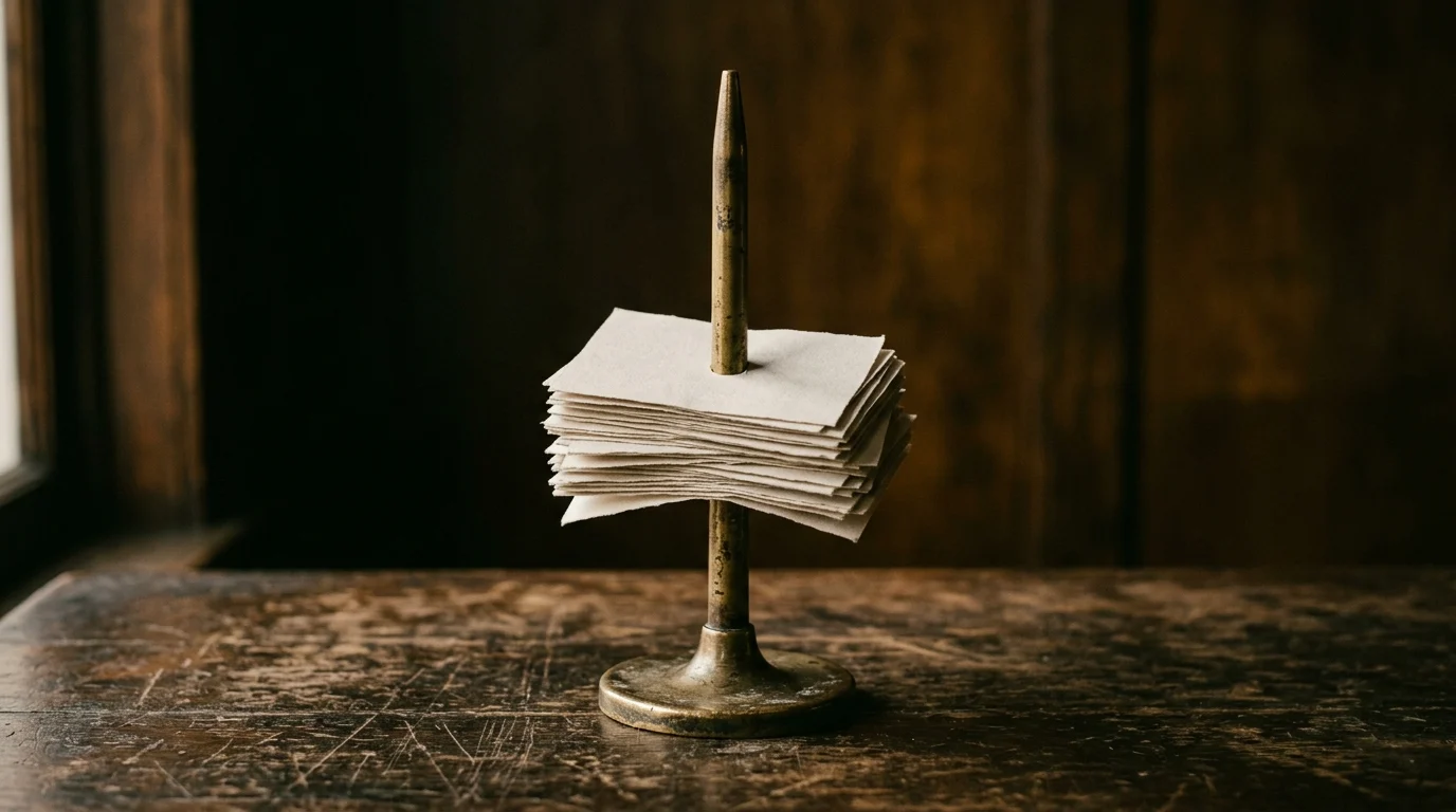 A brass bill-spike holding a sheaf of blank slips on a scarred wooden counter