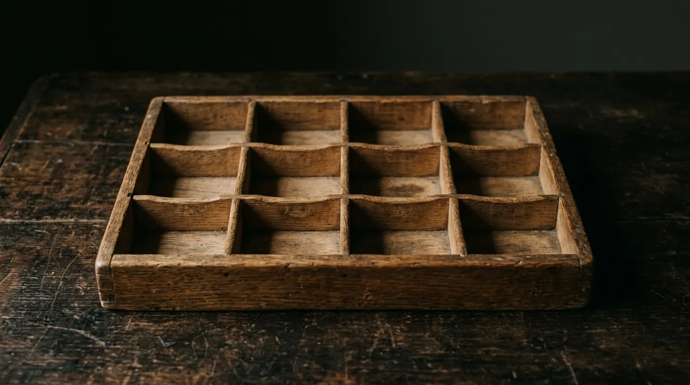 A wooden money-changer's tray with shallow empty compartments
