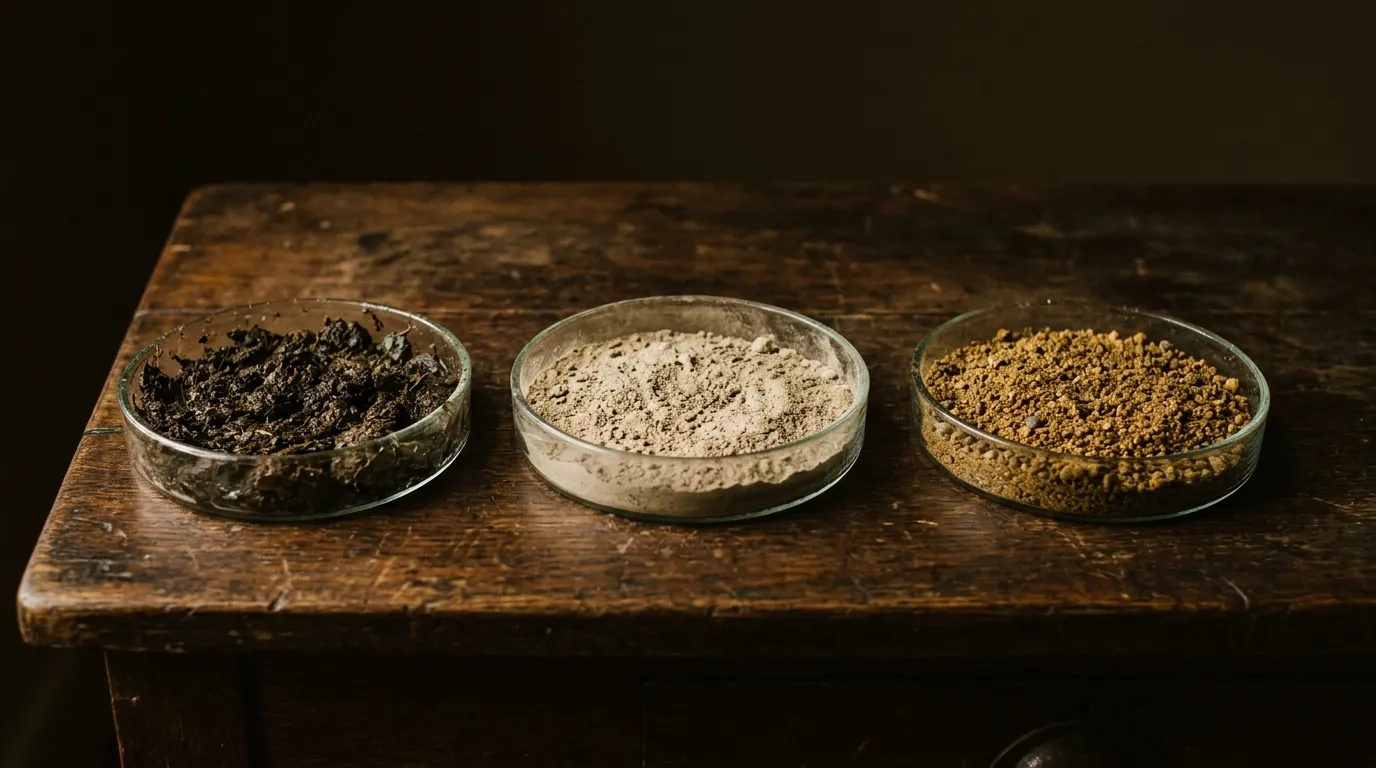 Three glass dishes holding damp earth, dry earth and coarse sand