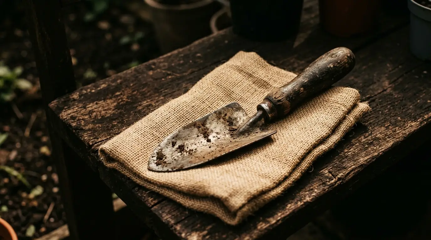 A garden trowel with a worn wooden handle lying on a folded jute sack