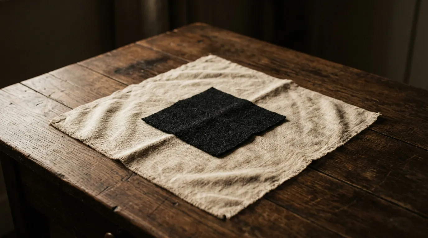 A small square of dark cloth laid centred on a much larger square of pale cloth