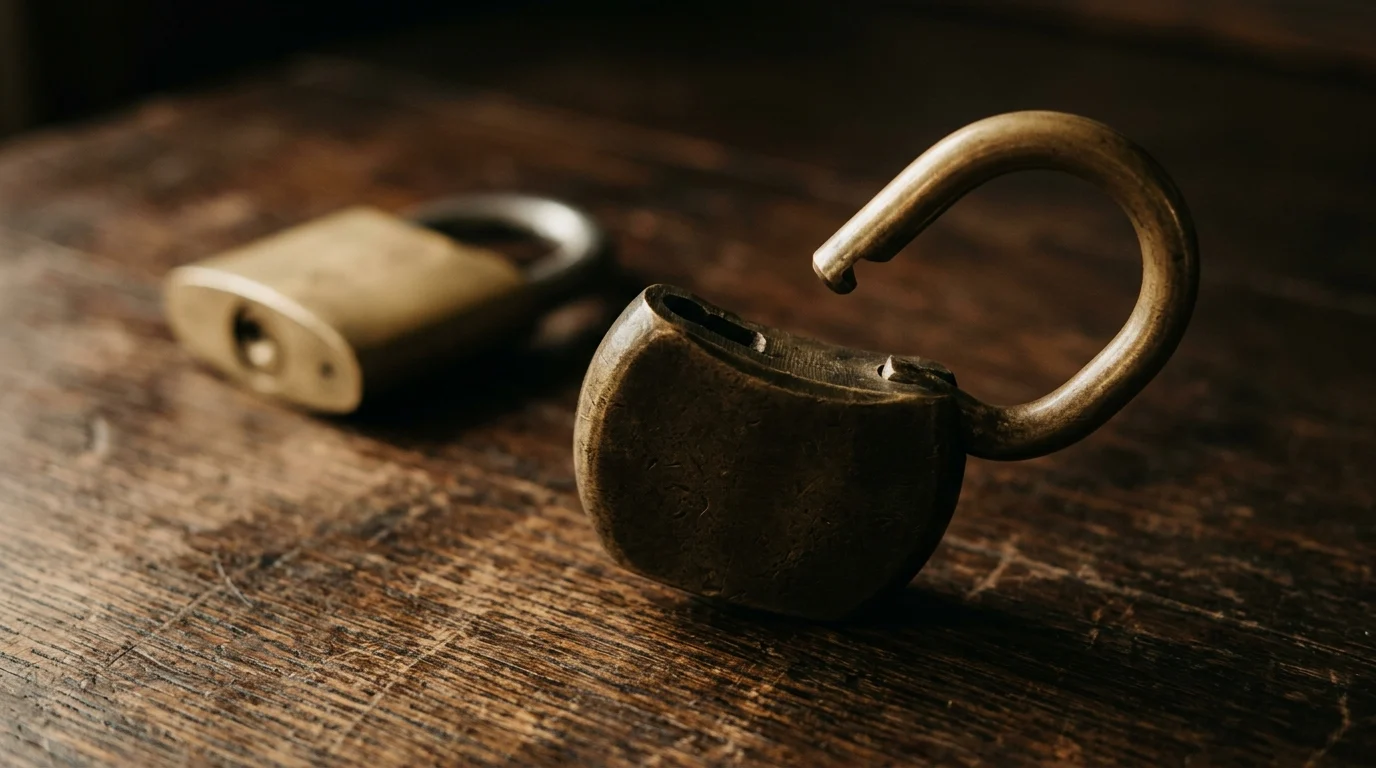 An open brass padlock with its shackle raised and a second closed padlock behind