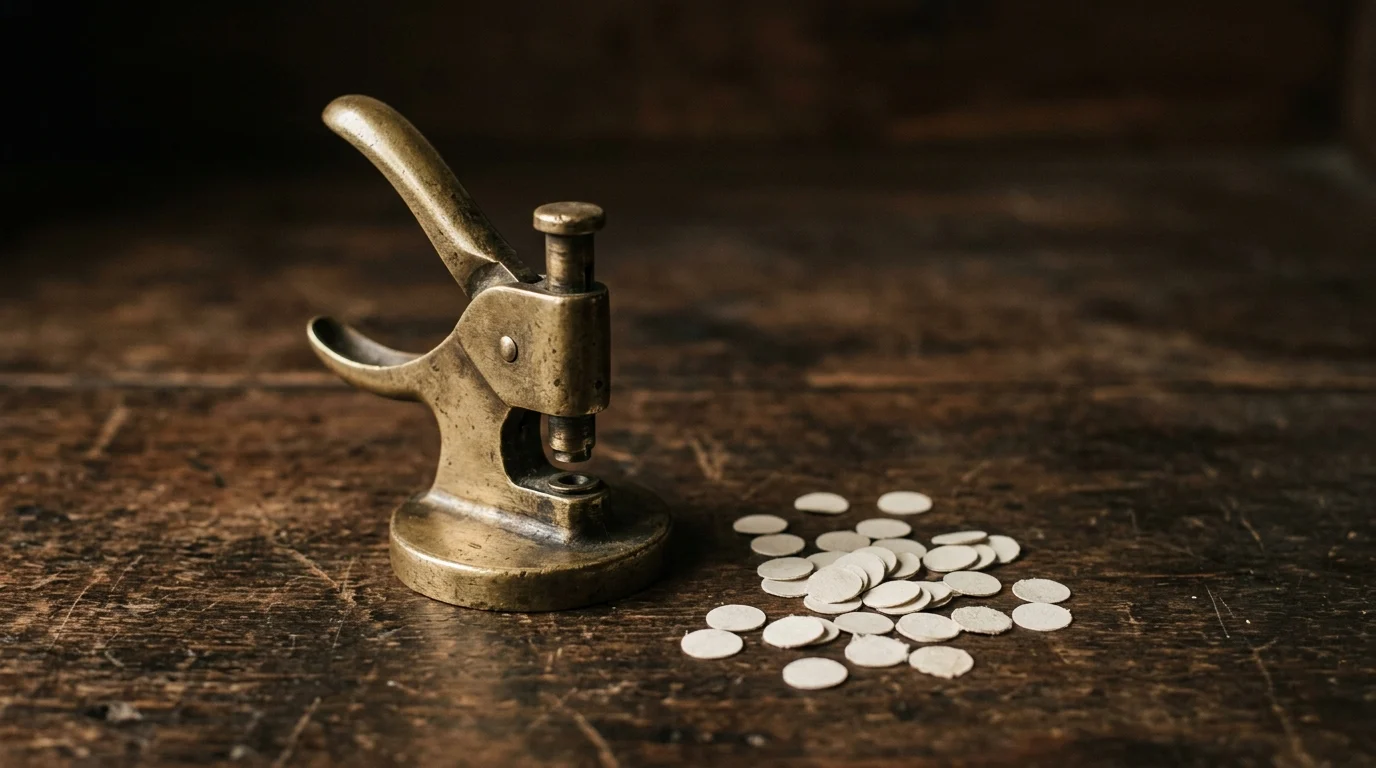 A brass hole punch beside a scatter of punched paper discs