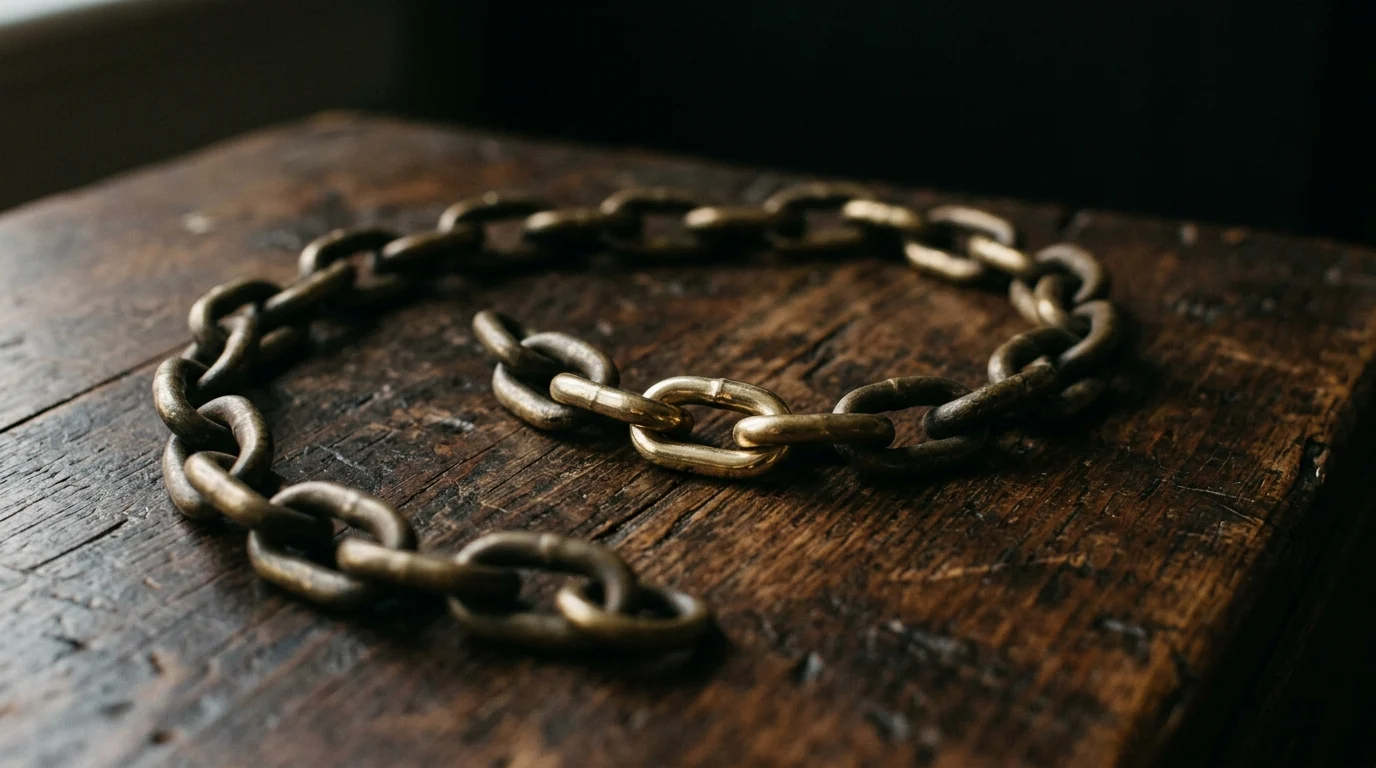A heavy brass chain lying in a slack curve with one link brighter than the rest
