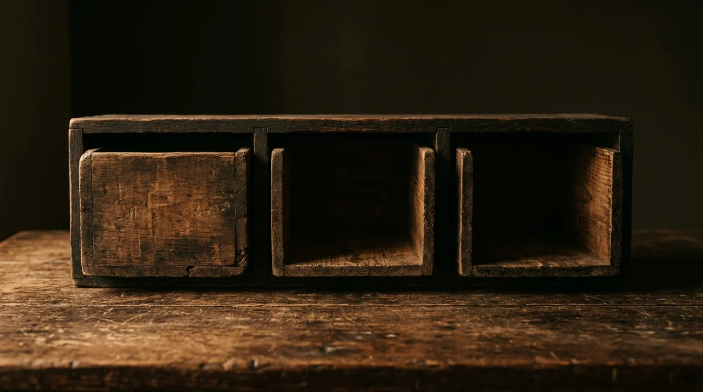 Three empty wooden pigeonhole compartments in a dark rack
