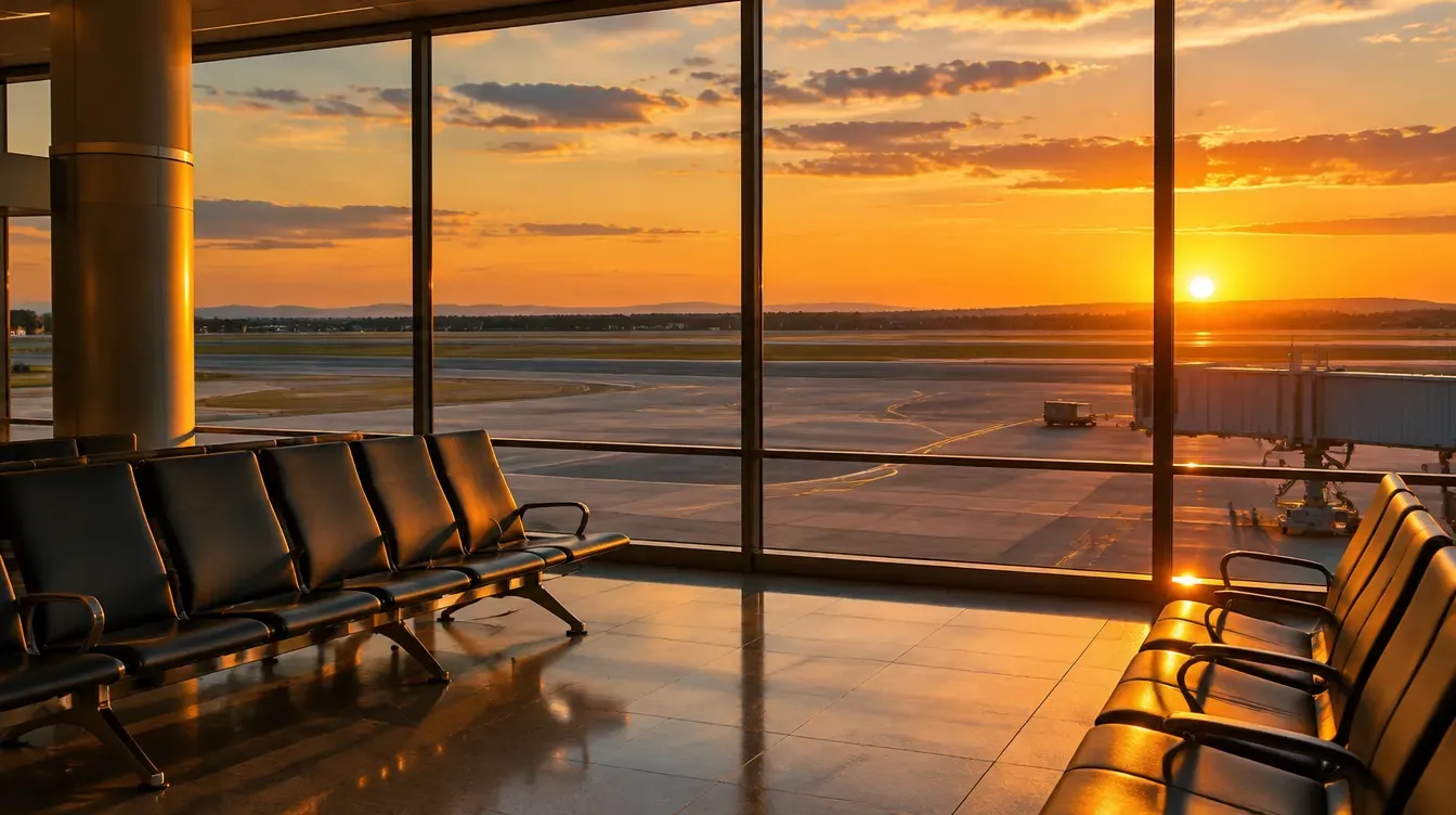An empty airport departure lounge at golden hour, its tall window looking out over a runway